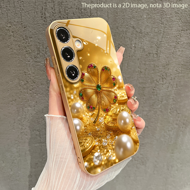 Phone Cases Protective - เคสโทรศัพท์ลายใบโคลเวอร์สี่แฉกสีสันสดใสแบบ 2D สำหรับ Samsung S26 S25